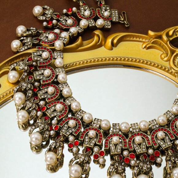 ✨ Artisan Original Vintage Style Pearl & Ruby Red Statement Necklace - Picture 1 of 4